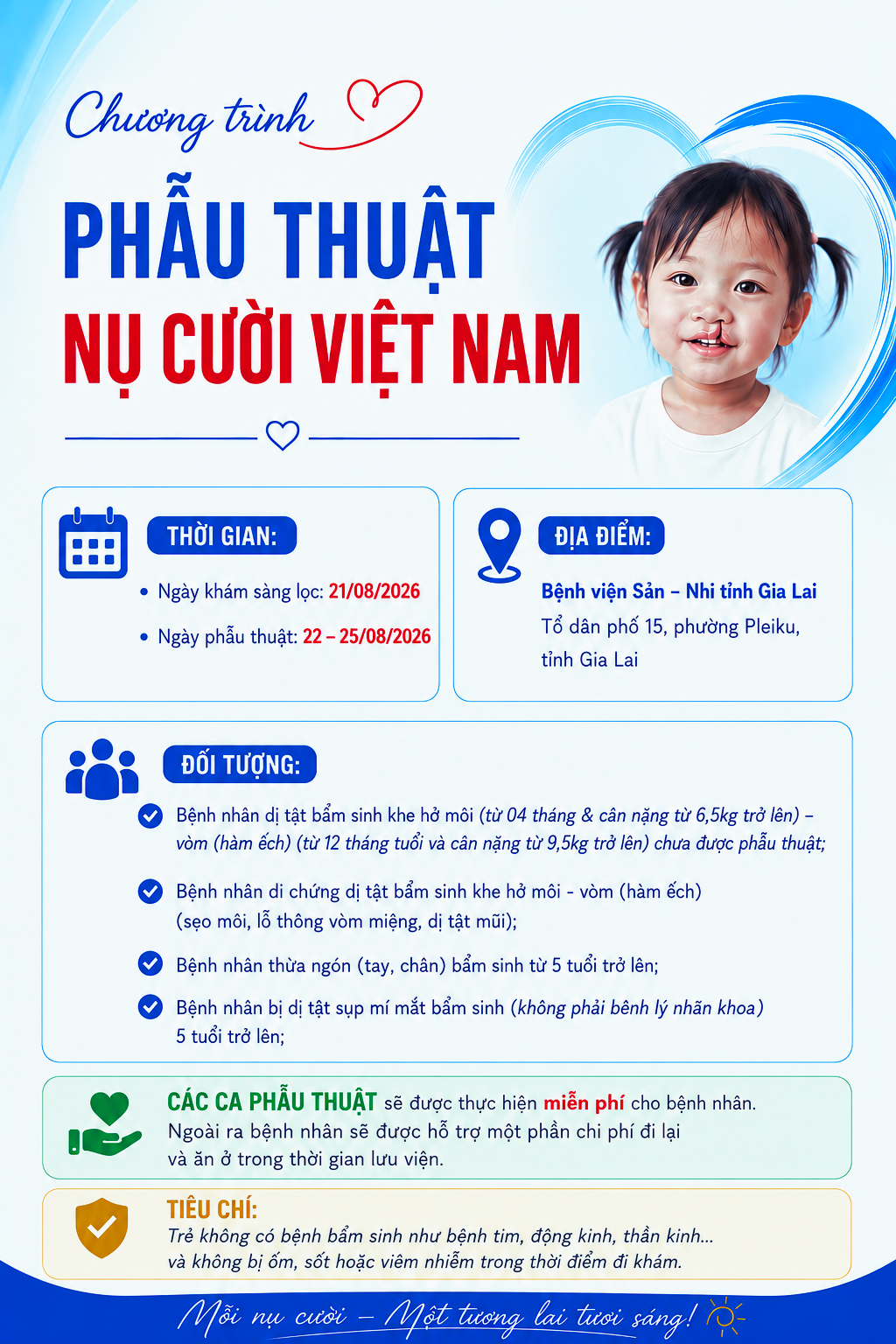 THÔNG BÁO CHƯƠNG TRÌNH PHẪU THUẬT NỤ CƯỜI VIỆT NAM TỔ CHỨC TẠI BỆNH VIỆN SẢN - NHI TỈNH GIA LAI